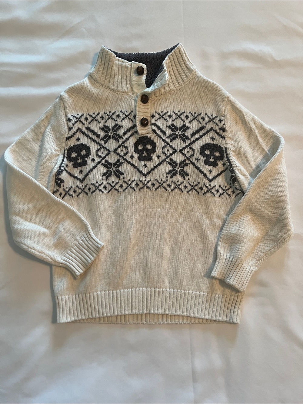 Kids Cream and Dark Gray Skull Fair Isle Sweater with buttons